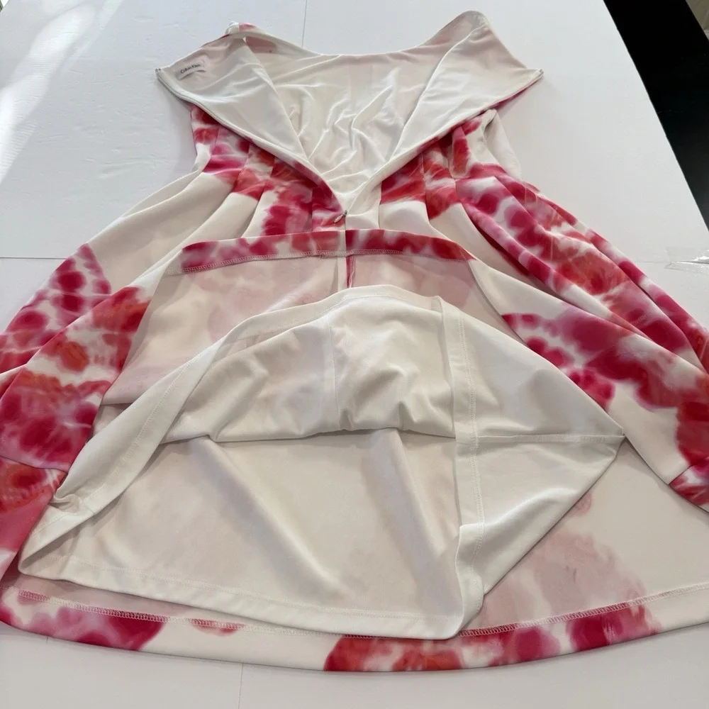 Calvin Klein Pink Tie Dye Floral Scuba Knit‎ Sleeveless Flare Dress Pockets 14